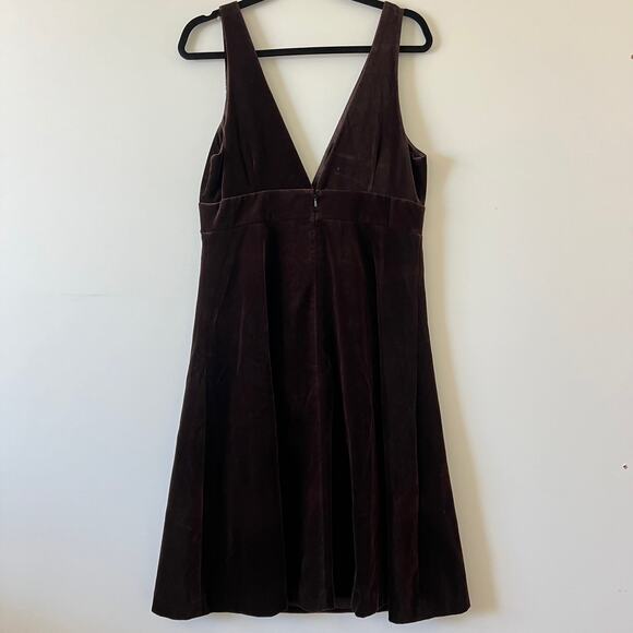 J Crew Chocolate Brown Velvet V Neck Fit Flare Empire Waist Midi Dress Women 12 - Picture 2 of 11